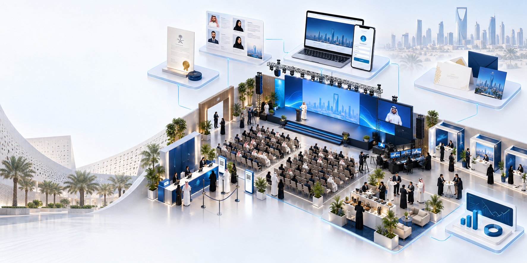Isometric illustration of the Conference+ complete conference production ecosystem