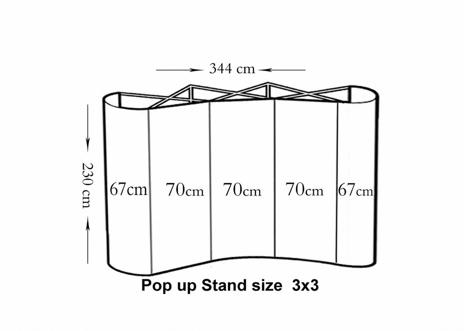 3×3 curved pop-up dimensions: 344 cm wide and 230 cm high