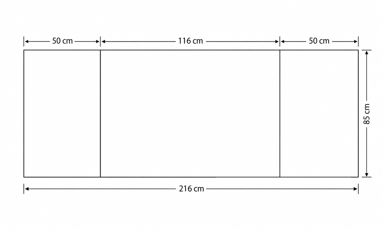 Table wrap layout: 216 cm total width, 85 cm high, with 50 cm sides and 116 cm front